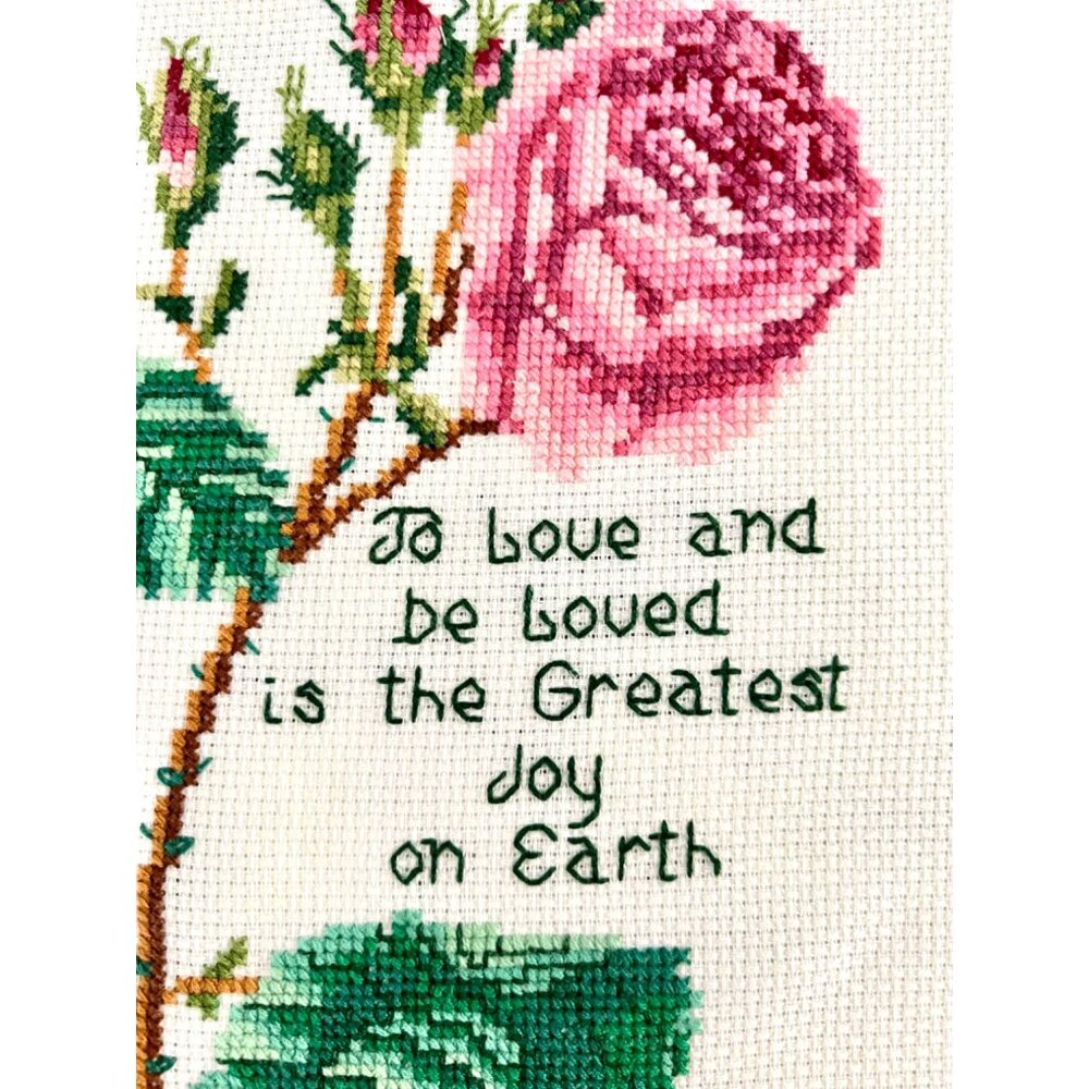 Handmade Finished Cross Stitch Rose Pattern Wall Art Floral Cottagecore 13 x 16